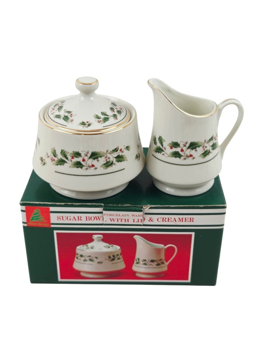 Caldor Lidded Sugar Bowl Creamer Japan Holly Gold Trim Christmas Vintage